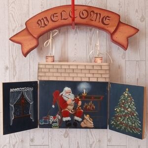 Vintage Hand Painted Santa Claus Cottage Welcome Sign Made of Wood